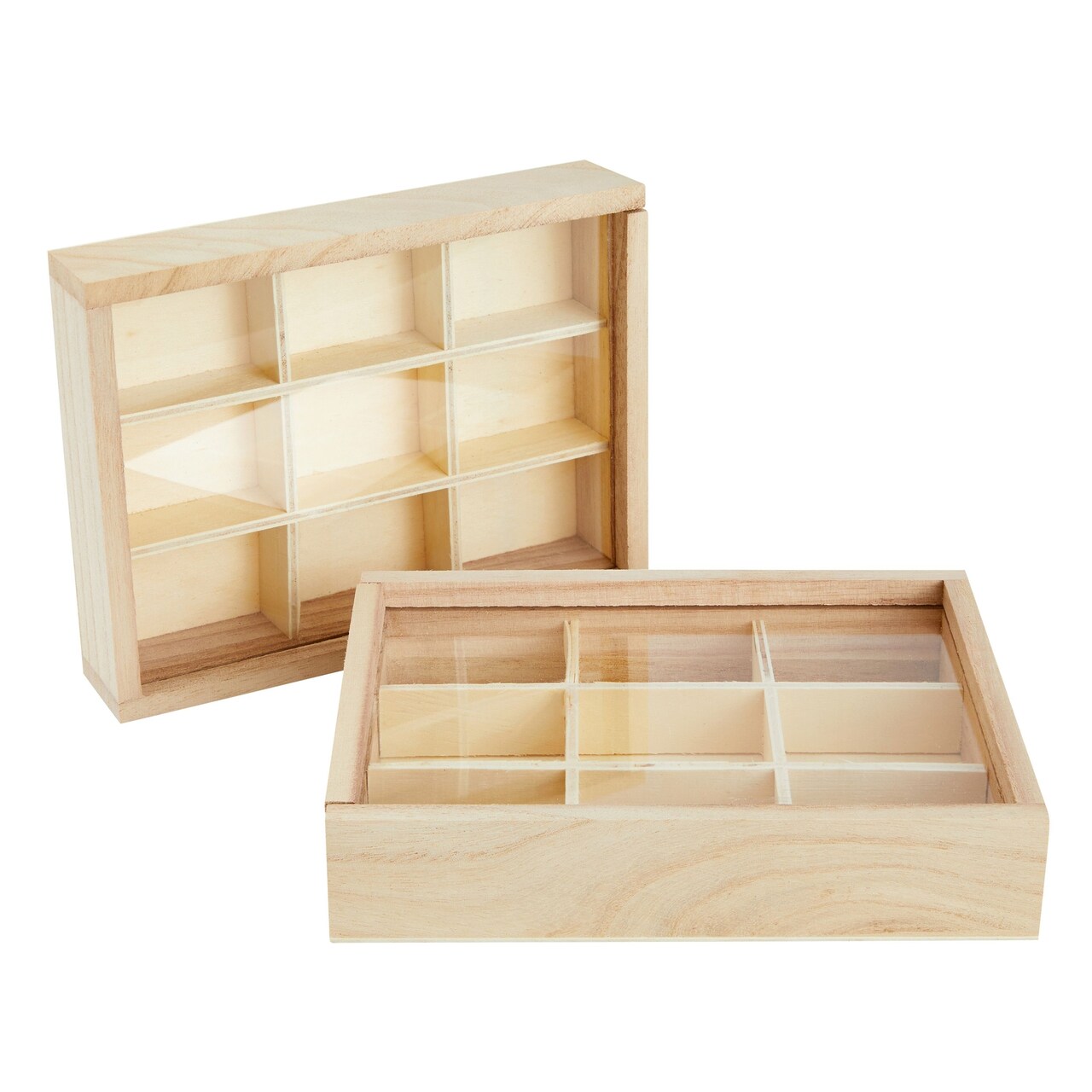 Small Unfinished Wood Box with Lid 9 Compartment Storage Boxes 6.75 x 5.1 Inches 2 Pack